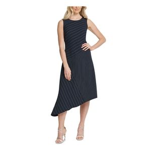 DKNY Pinstripe Asymmetrical Sleeveless Midi Dress 